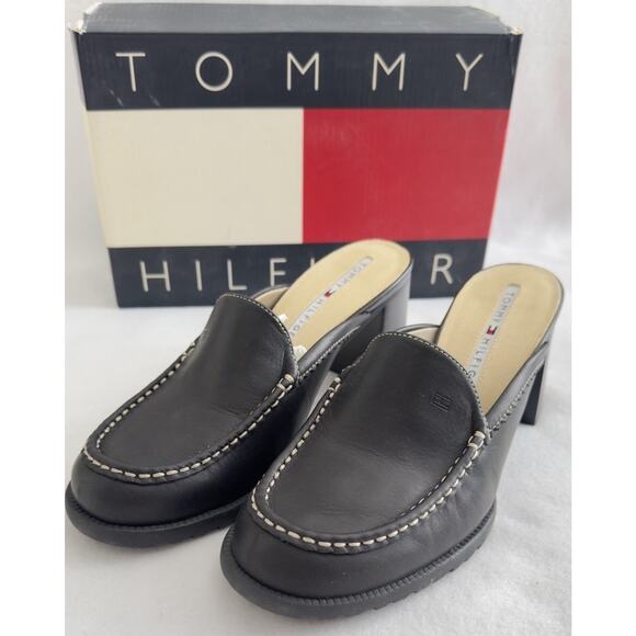 Vintage Y2K Tommy Hilfiger SlipOn Black Leather Chunky Block Heel Shoes W/Box 7M - Picture 1 of 9